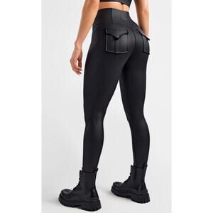 NWT Firm Abs Faux Leather Cargo Power Leggings •L• Black Pockets Pants $89